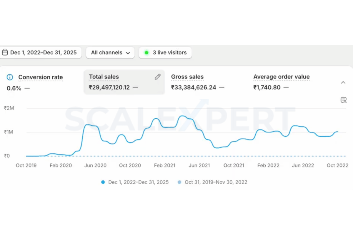Shopify sales dashboard showing gross sales growth for the home decor brand